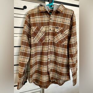 Brixton thick plaid flannel w/hoodie. Brown and Gray.